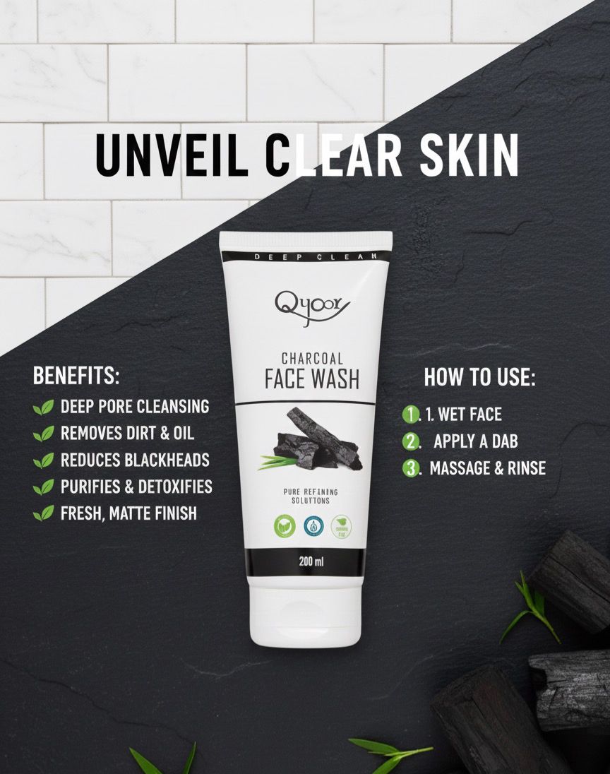 Qyoor Activated Charcoal Face Wash for Oily Skin 200ml | Controls Oil & Removes Dirt & Blackheads | Fights Pollution, Reduces Acne & Pimples For a Clearer & Smoother Skin